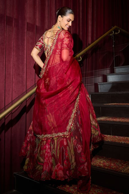 Shop_Mahima Mahajan_Red Organza, Silk Sequins, Mirrors, Embroidery Sweetheart Sindoori Lehenga Set _at_Aza_Fashions