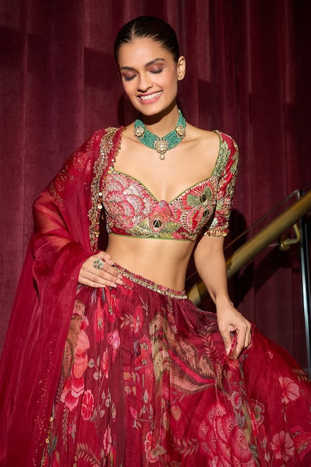 Mahima Mahajan_Red Organza, Silk Sequins, Mirrors, Embroidery Sweetheart Sindoori Lehenga Set _Online_at_Aza_Fashions