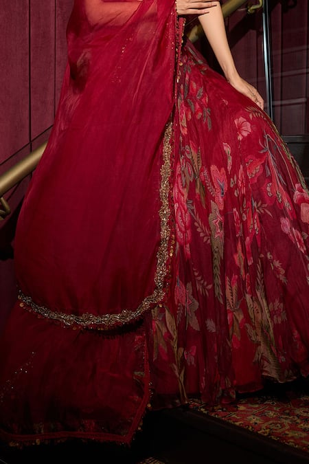 Buy_Mahima Mahajan_Red Organza, Silk Sequins, Mirrors, Embroidery Sweetheart Sindoori Lehenga Set _Online_at_Aza_Fashions