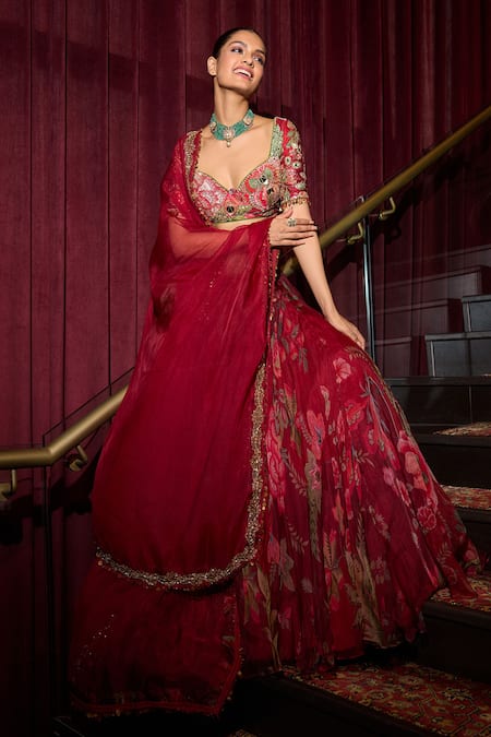 Shop_Mahima Mahajan_Red Organza, Silk Sequins, Mirrors, Embroidery Sweetheart Sindoori Lehenga Set _Online_at_Aza_Fashions
