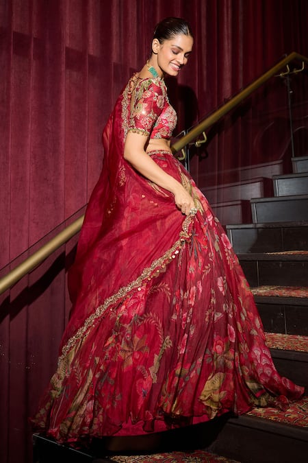 Mahima Mahajan_Red Organza, Silk Sequins, Mirrors, Embroidery Sweetheart Sindoori Lehenga Set _at_Aza_Fashions
