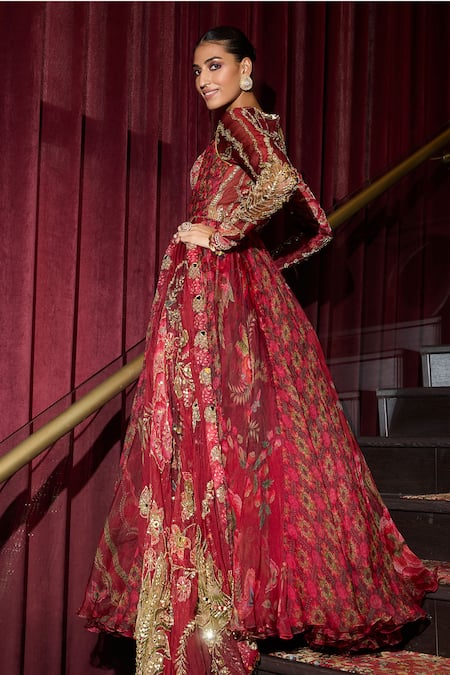 Shop Mahima Mahajan Red Organza Mirrors, Sequins, Embroidery Sweetheart Sindoori And Anarkali Set at Aza Fashions Shop_Mahima Mahajan_Red Organza Mirrors, Sequins, Embroidery Sweetheart Sindoori And Anarkali Set _at_Aza_Fashions