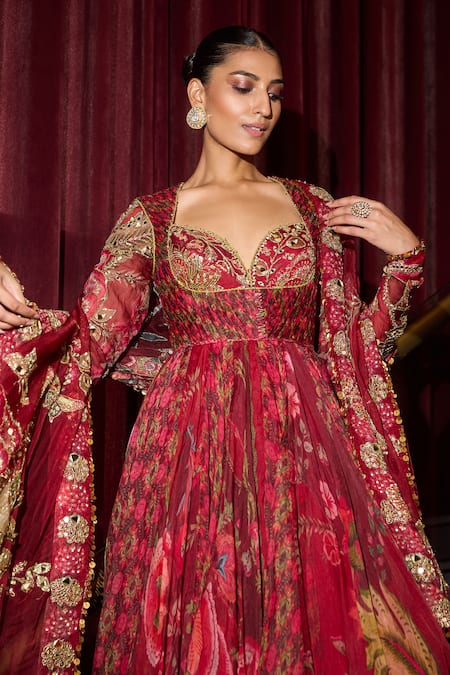 Mahima Mahajan Red Organza Mirrors, Sequins, Embroidery Sweetheart Sindoori And Anarkali Set Online at Aza Fashions Mahima Mahajan_Red Organza Mirrors, Sequins, Embroidery Sweetheart Sindoori And Anarkali Set _Online_at_Aza_Fashions