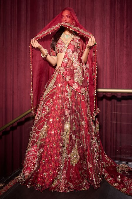 Mahima Mahajan Ehlam Mirror & Sequin Embroidered Lehenga Set With Veil 