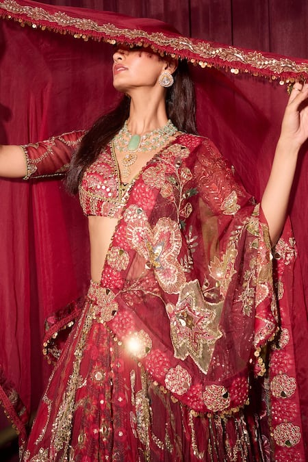 Shop_Mahima Mahajan_Red Organza Mirrors, Sequins, Embroidery Sindoori Lehenga Set With Veil _at_Aza_Fashions