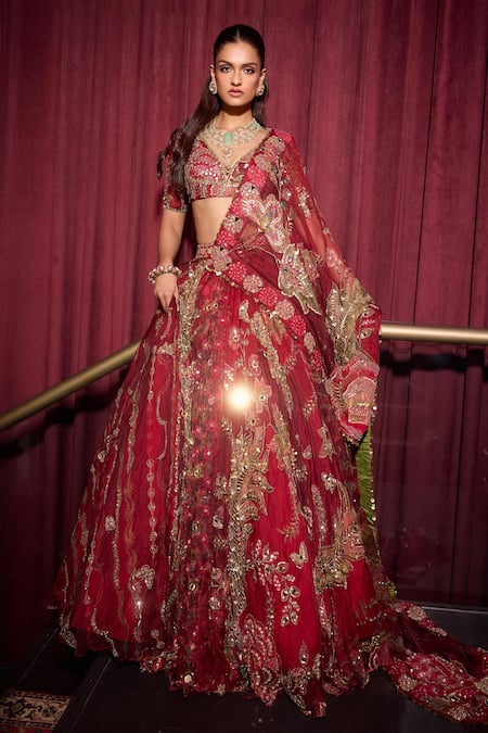 Shop_Mahima Mahajan_Red Organza Mirrors, Sequins, Beads, Embroidery V-neck Lehenga Set _at_Aza_Fashions