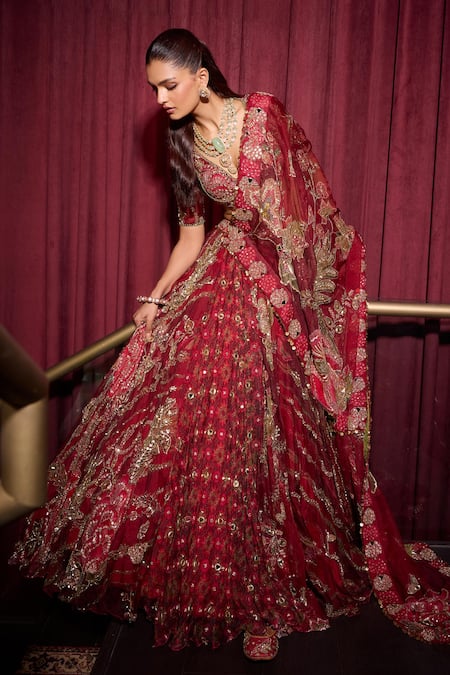 Buy_Mahima Mahajan_Red Organza Mirrors, Sequins, Beads, Embroidery V-neck Lehenga Set _Online_at_Aza_Fashions