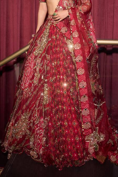 Shop_Mahima Mahajan_Red Organza Mirrors, Sequins, Beads, Embroidery V-neck Lehenga Set _Online_at_Aza_Fashions