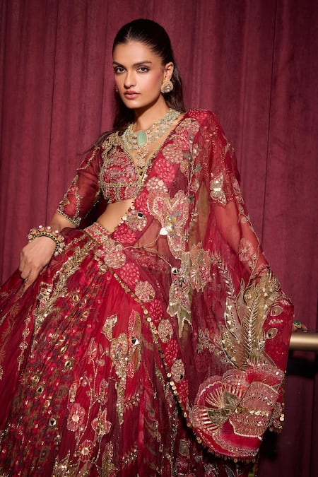 Buy_Mahima Mahajan_Red Organza Mirrors, Sequins, Beads, Embroidery V-neck Lehenga Set 