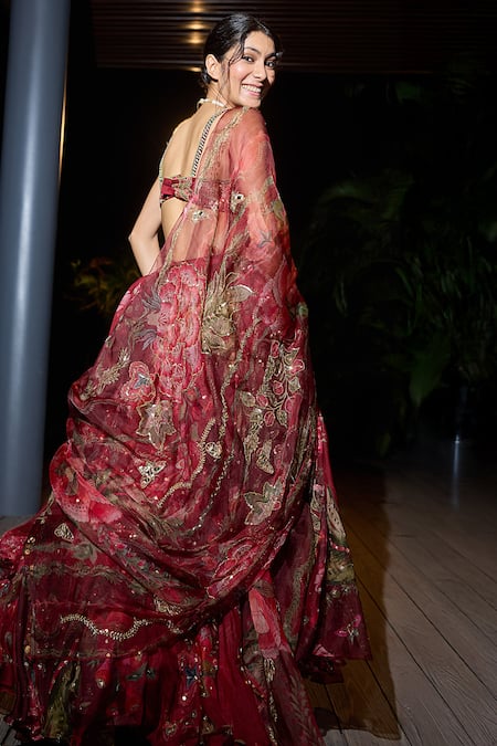 Shop_Mahima Mahajan_Red Organza Sequins, Mirrors, Embroidery Sweetheart Neck Sindoori Lehenga Set _at_Aza_Fashions