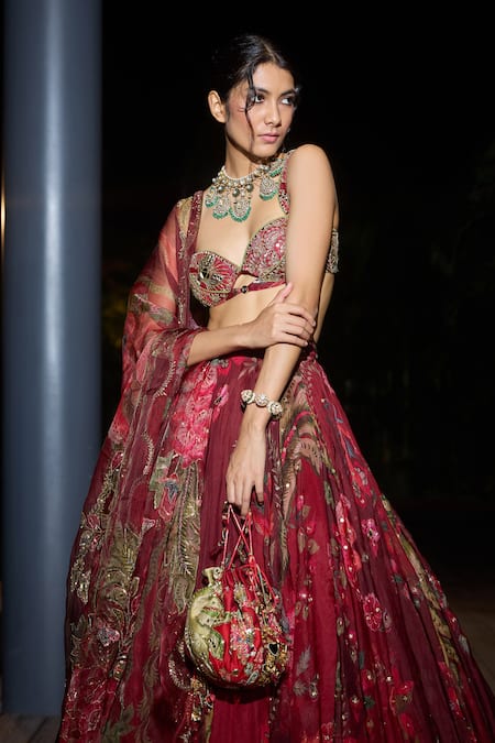 Mahima Mahajan_Red Organza Sequins, Mirrors, Embroidery Sweetheart Neck Sindoori Lehenga Set _Online_at_Aza_Fashions