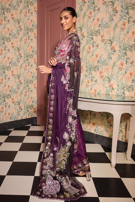 Mahima Mahajan Grapevine Purple Embroidered Pre-Draped Saree 