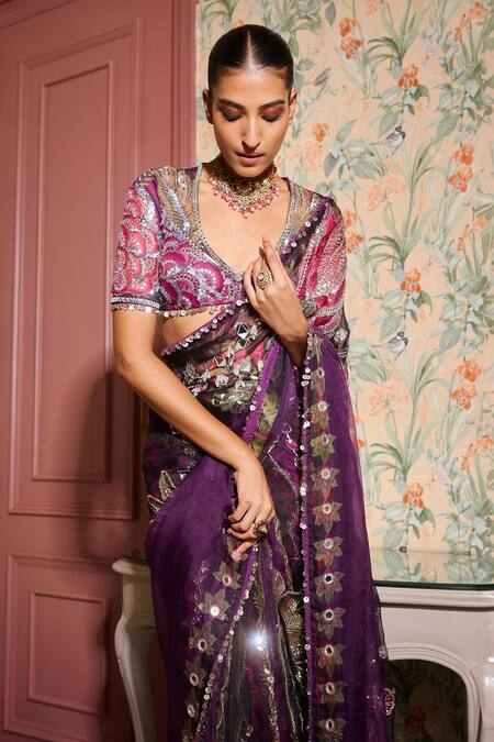 Mahima Mahajan_Purple Organza Sequins, Mirrors, Embroidery Grapevine Pre-draped Saree _Online_at_Aza_Fashions