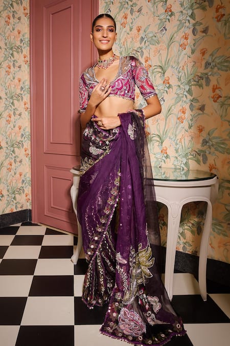 Buy_Mahima Mahajan_Purple Organza Sequins, Mirrors, Embroidery Grapevine Pre-draped Saree _Online_at_Aza_Fashions