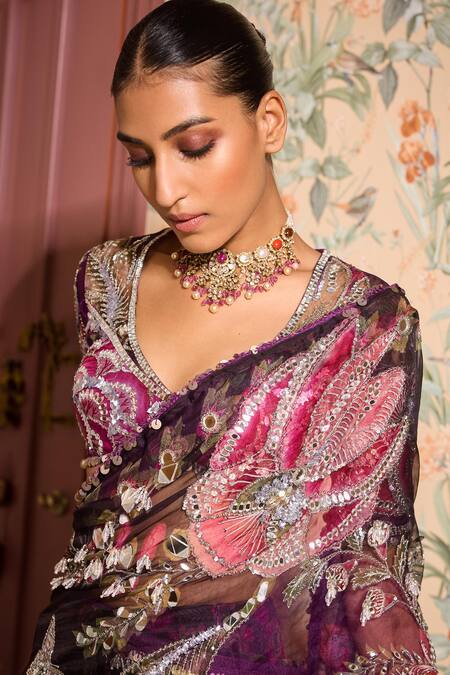 Mahima Mahajan_Purple Organza Sequins, Mirrors, Embroidery Grapevine Pre-draped Saree _at_Aza_Fashions
