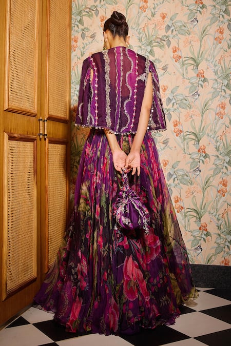 Shop Mahima Mahajan Purple Organza Sequins, Mirrors, Embroidery Scoop Neck Anarkali Cape Set at Aza Fashions Shop_Mahima Mahajan_Purple Organza Sequins, Mirrors, Embroidery Scoop Neck Anarkali Cape Set _at_Aza_Fashions