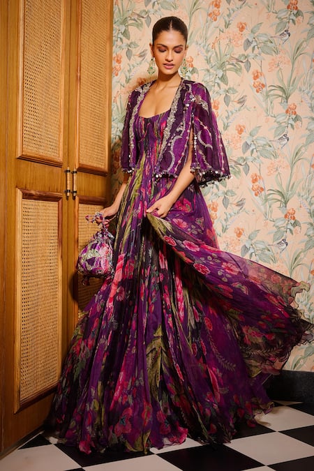 Mahima Mahajan Purple Organza Sequins, Mirrors, Embroidery Scoop Neck Anarkali Cape Set Online at Aza Fashions Mahima Mahajan_Purple Organza Sequins, Mirrors, Embroidery Scoop Neck Anarkali Cape Set _Online_at_Aza_Fashions