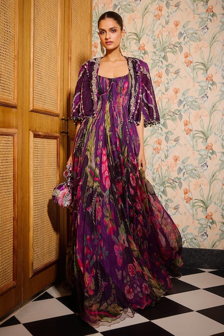 Buy Mahima Mahajan Purple Organza Sequins, Mirrors, Embroidery Scoop Neck Anarkali Cape Set Online at Aza Fashions Buy_Mahima Mahajan_Purple Organza Sequins, Mirrors, Embroidery Scoop Neck Anarkali Cape Set _Online_at_Aza_Fashions