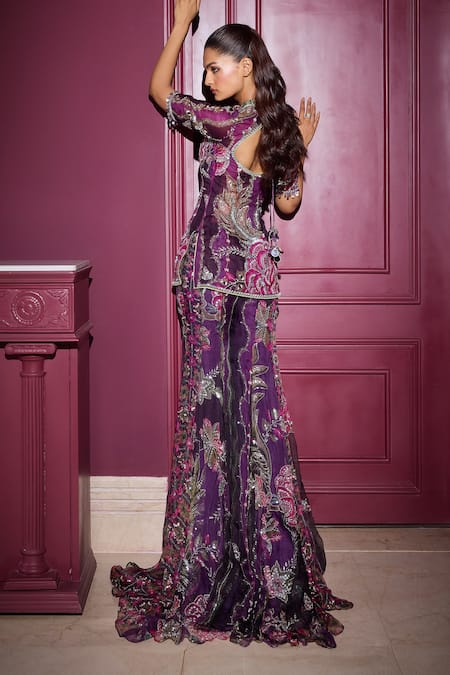 Shop Mahima Mahajan Purple Organza Sequins, Mirrors Grapevine Embroidered Kurta Sharara Set at Aza Fashions Shop_Mahima Mahajan_Purple Organza Sequins, Mirrors Grapevine Embroidered Kurta Sharara Set _at_Aza_Fashions