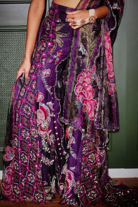 Mahima Mahajan_Purple Organza Mirrors, Sequins, Embroidery Sweetheart Grapevine Sharara Set _Online_at_Aza_Fashions