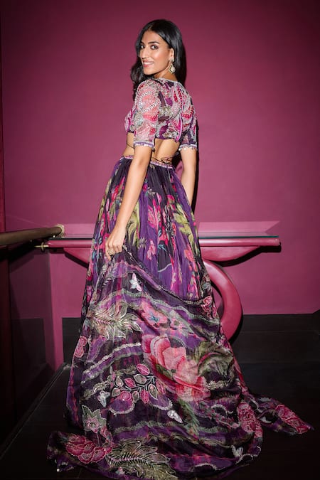 Shop_Mahima Mahajan_Purple Organza Mirrors, Sequins, Embroidery Boat Neck Grapevine Lehenga Set _at_Aza_Fashions