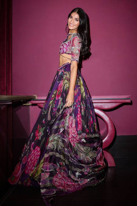 Mahima Mahajan_Purple Organza Mirrors, Sequins, Embroidery Boat Neck Grapevine Lehenga Set _Online_at_Aza_Fashions