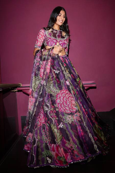 Mahima Mahajan_Purple Organza Mirrors, Sequins, Embroidery Boat Neck Grapevine Lehenga Set _at_Aza_Fashions