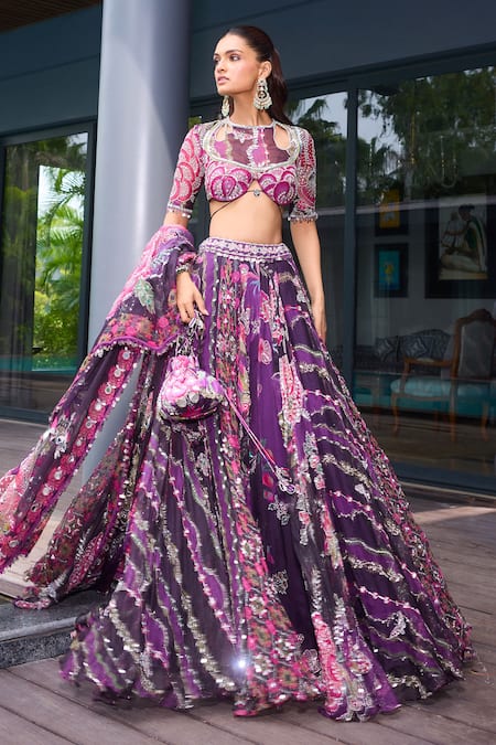 Mahima Mahajan_Purple Organza Sequins, Mirrors Round Neck Grapevine Embroidered Lehenga Set _Online_at_Aza_Fashions