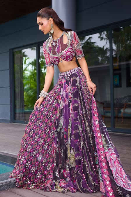 Buy_Mahima Mahajan_Purple Organza Sequins, Mirrors Round Neck Grapevine Embroidered Lehenga Set _Online_at_Aza_Fashions