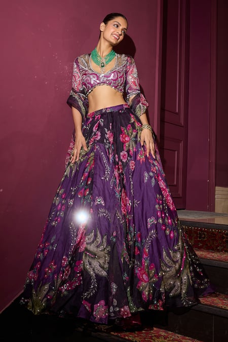 Mahima Mahajan_Purple Organza Sequins, Embroidery, Mirrors V-neck Floral Lehenga Set _Online_at_Aza_Fashions