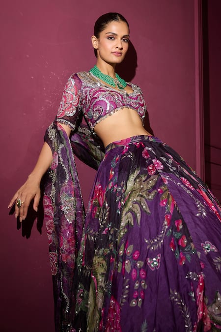 Shop_Mahima Mahajan_Purple Organza Sequins, Embroidery, Mirrors V-neck Floral Lehenga Set _Online_at_Aza_Fashions