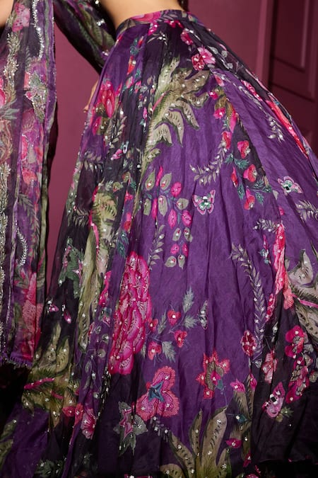 Buy_Mahima Mahajan_Purple Organza Sequins, Embroidery, Mirrors V-neck Floral Lehenga Set 