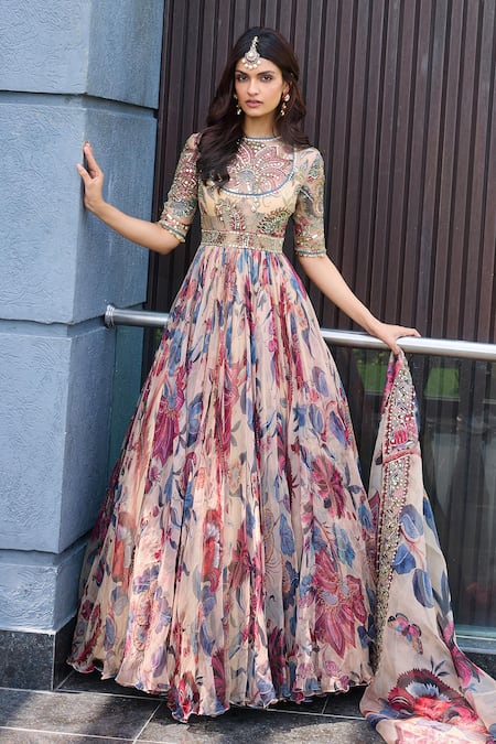 Mahima Mahajan Beige Organza Sequins, Mirrors, Embroidery Round Neck Floral Anarkali Set Online at Aza Fashions Mahima Mahajan_Beige Organza Sequins, Mirrors, Embroidery Round Neck Floral Anarkali Set _Online_at_Aza_Fashions