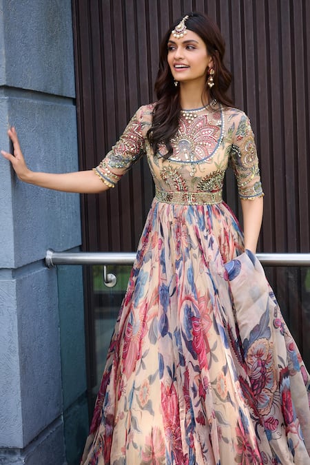 Buy Mahima Mahajan Beige Organza Sequins, Mirrors, Embroidery Round Neck Floral Anarkali Set Online at Aza Fashions Buy_Mahima Mahajan_Beige Organza Sequins, Mirrors, Embroidery Round Neck Floral Anarkali Set _Online_at_Aza_Fashions