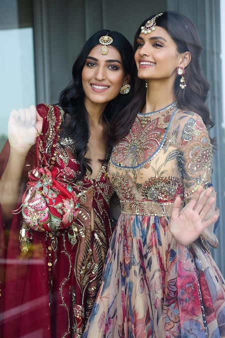 Shop Mahima Mahajan Beige Organza Sequins, Mirrors, Embroidery Round Neck Floral Anarkali Set Online at Aza Fashions Shop_Mahima Mahajan_Beige Organza Sequins, Mirrors, Embroidery Round Neck Floral Anarkali Set _Online_at_Aza_Fashions