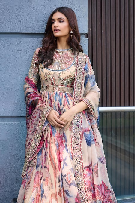 Buy Mahima Mahajan Beige Organza Sequins, Mirrors, Embroidery Round Neck Floral Anarkali Set Buy_Mahima Mahajan_Beige Organza Sequins, Mirrors, Embroidery Round Neck Floral Anarkali Set