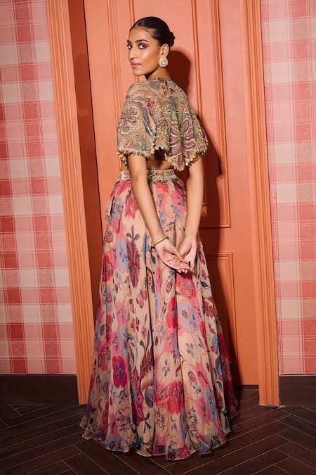 Shop_Mahima Mahajan_Beige Organza Mirrors, Sequins, Embroidery Round Neck Cape Blouse And Sharara Set _at_Aza_Fashions