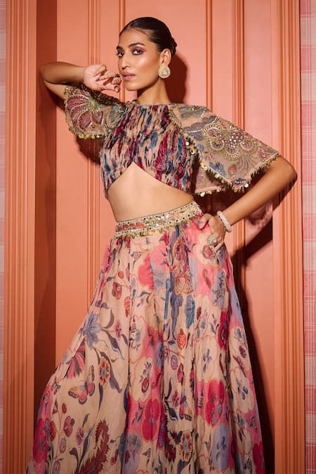 Mahima Mahajan_Beige Organza Mirrors, Sequins, Embroidery Round Neck Cape Blouse And Sharara Set _Online_at_Aza_Fashions