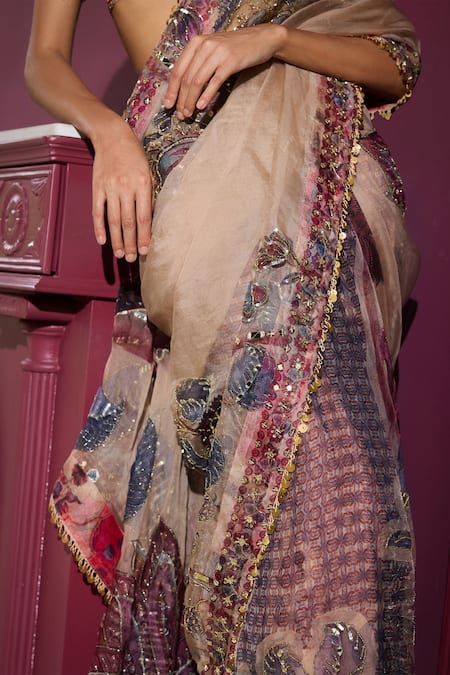 Buy_Mahima Mahajan_Beige Organza Mirrors, Sequins, Embroidery Sweetheart Neck And Saree Set _Online_at_Aza_Fashions