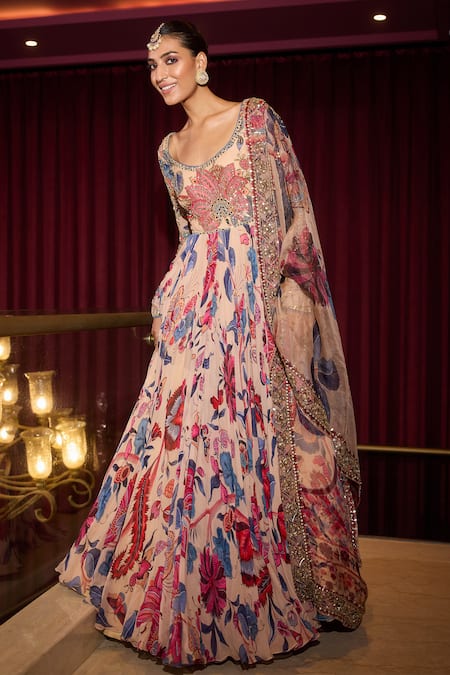 Mahima Mahajan Beige Organza, Georgette Sequins, Mirrors, Embroidery Scoop Floral Anarkali Set Online at Aza Fashions Mahima Mahajan_Beige Organza, Georgette Sequins, Mirrors, Embroidery Scoop Floral Anarkali Set _Online_at_Aza_Fashions