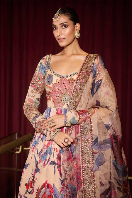 Buy Mahima Mahajan Beige Organza, Georgette Sequins, Mirrors, Embroidery Scoop Floral Anarkali Set Online at Aza Fashions Buy_Mahima Mahajan_Beige Organza, Georgette Sequins, Mirrors, Embroidery Scoop Floral Anarkali Set _Online_at_Aza_Fashions