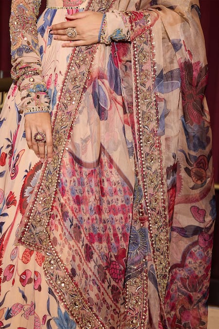 Shop Mahima Mahajan Beige Organza, Georgette Sequins, Mirrors, Embroidery Scoop Floral Anarkali Set Online at Aza Fashions Shop_Mahima Mahajan_Beige Organza, Georgette Sequins, Mirrors, Embroidery Scoop Floral Anarkali Set _Online_at_Aza_Fashions