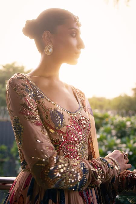 Mahima Mahajan Beige Organza, Georgette Sequins, Mirrors, Embroidery Scoop Floral Anarkali Set at Aza Fashions Mahima Mahajan_Beige Organza, Georgette Sequins, Mirrors, Embroidery Scoop Floral Anarkali Set _at_Aza_Fashions