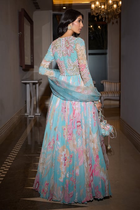 Shop Mahima Mahajan Blue Organza, Georgette Mirrors, Aquamarine Floral Embroidered Anarkali Set at Aza Fashions Shop_Mahima Mahajan_Blue Organza, Georgette Mirrors, Aquamarine Floral Embroidered Anarkali Set _at_Aza_Fashions