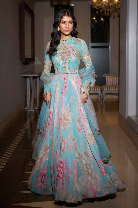Mahima Mahajan Blue Organza, Georgette Mirrors, Aquamarine Floral Embroidered Anarkali Set Online at Aza Fashions Mahima Mahajan_Blue Organza, Georgette Mirrors, Aquamarine Floral Embroidered Anarkali Set _Online_at_Aza_Fashions