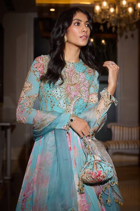 Buy Mahima Mahajan Blue Organza, Georgette Mirrors, Aquamarine Floral Embroidered Anarkali Set Online at Aza Fashions Buy_Mahima Mahajan_Blue Organza, Georgette Mirrors, Aquamarine Floral Embroidered Anarkali Set _Online_at_Aza_Fashions
