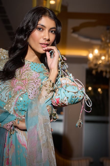 Shop Mahima Mahajan Blue Organza, Georgette Mirrors, Aquamarine Floral Embroidered Anarkali Set Online at Aza Fashions Shop_Mahima Mahajan_Blue Organza, Georgette Mirrors, Aquamarine Floral Embroidered Anarkali Set _Online_at_Aza_Fashions