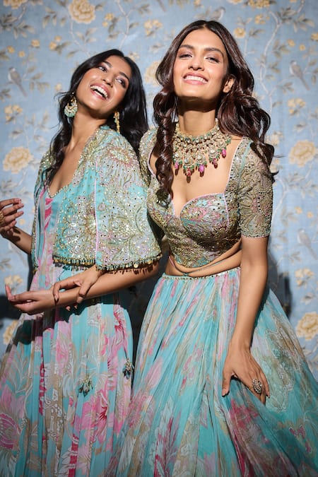 Mahima Mahajan_Blue Organza, Georgette Sequins, Mirrors, Floral Aquamarine Lehenga Set _at_Aza_Fashions