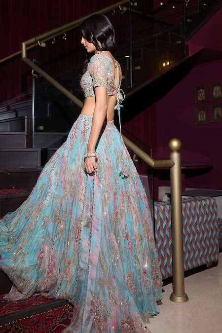 Shop_Mahima Mahajan_Blue Organza Mirrors, Sequins, Embroidery Aquamarine Floral Lehenga Set _at_Aza_Fashions
