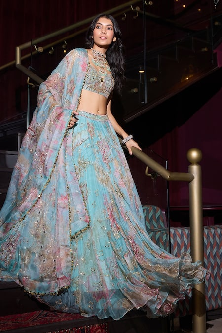 Mahima Mahajan_Blue Organza Mirrors, Sequins, Embroidery Aquamarine Floral Lehenga Set _Online_at_Aza_Fashions